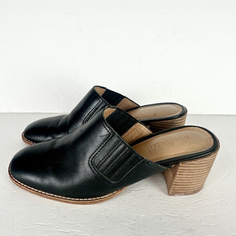 Madewell Black Leather Mules with Stacked Wood Heel